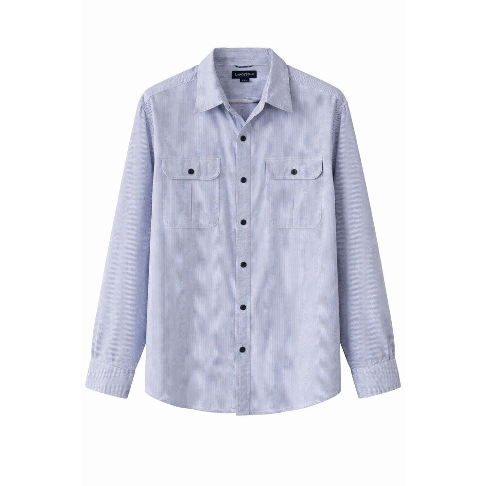 Lands' End Mens Shirt Size L 15-16 Blue White Stripe Button Front Long Sleeve